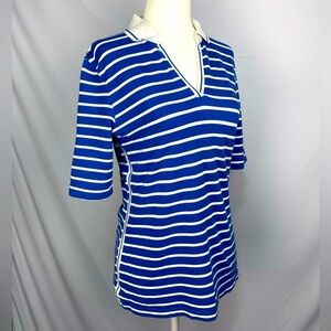 Tommy Hilfiger polo shirt open V-neck white and blue stripes women’s size S